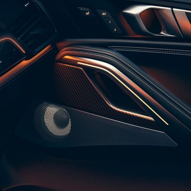 Bocinas del BMW X6. Acercamiento del interior del BMW con enfoque en las bocinas.