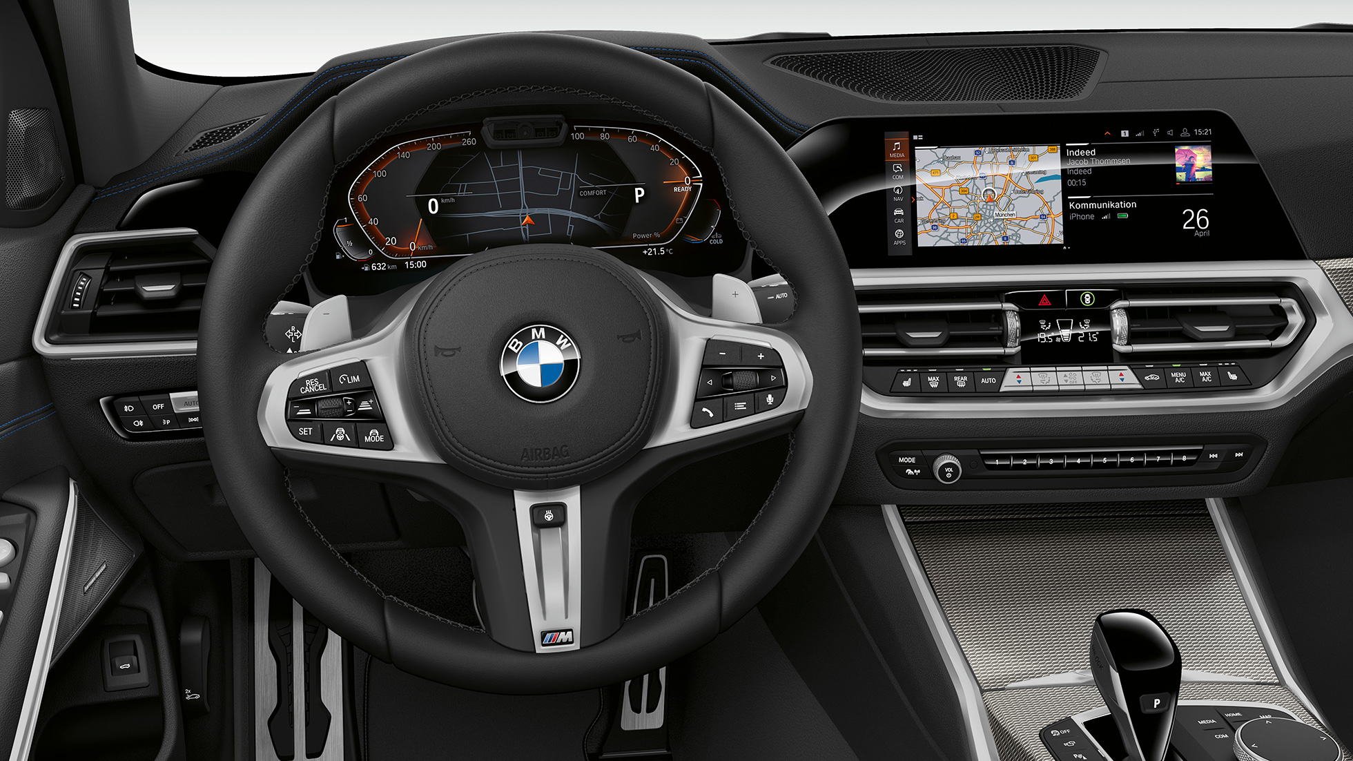 BMW Serie 3 Sedán, Cabina del Modelo Sport Line. Acercamiento frontal de la cabina del conductor del BMW Serie 3 Sedán con elementos del Modelo Sport Line.