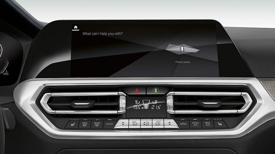 BMW Serie 3 (G20), BMW Intelligent Personal Assistant. Primer plano frontal del display del puesto de conducción del BMW Serie 3 (G20) con BMW Intelligent Personal Assistant.