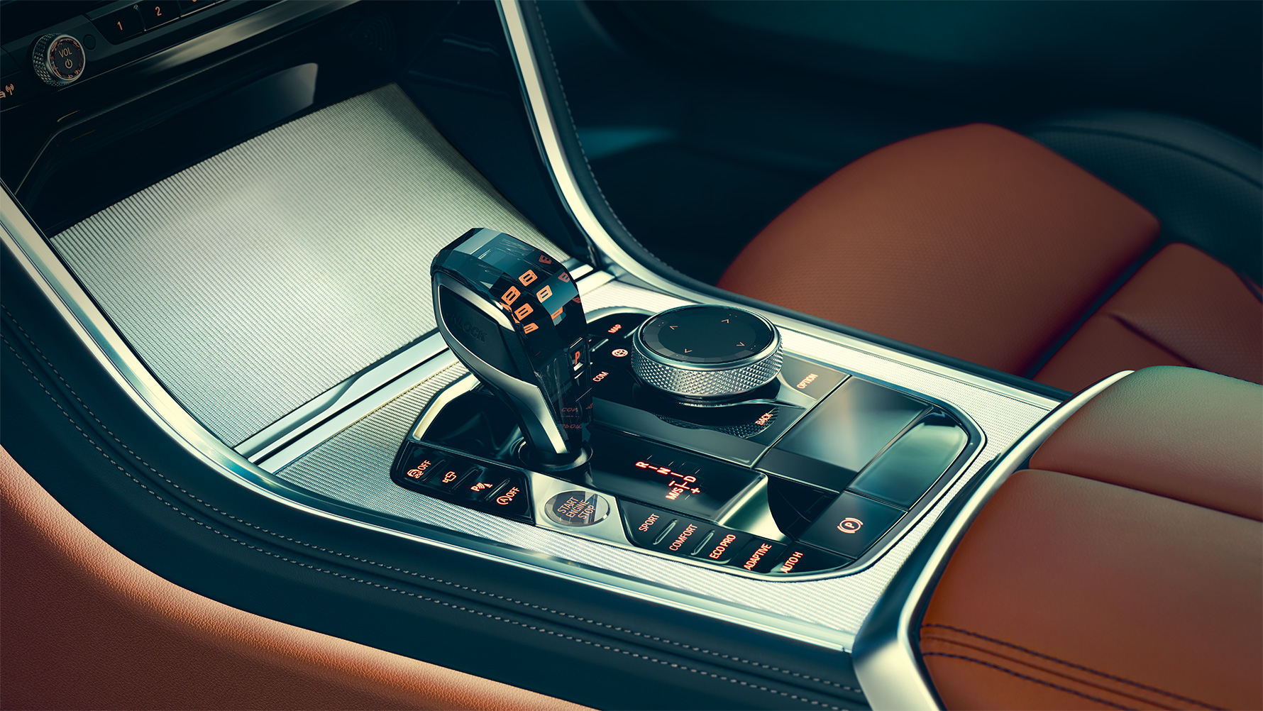 BMW Serie 8 Coupé, consola central Acercamiento del interior del BMW Serie 8 Coupé con un enfoque en la consola central.