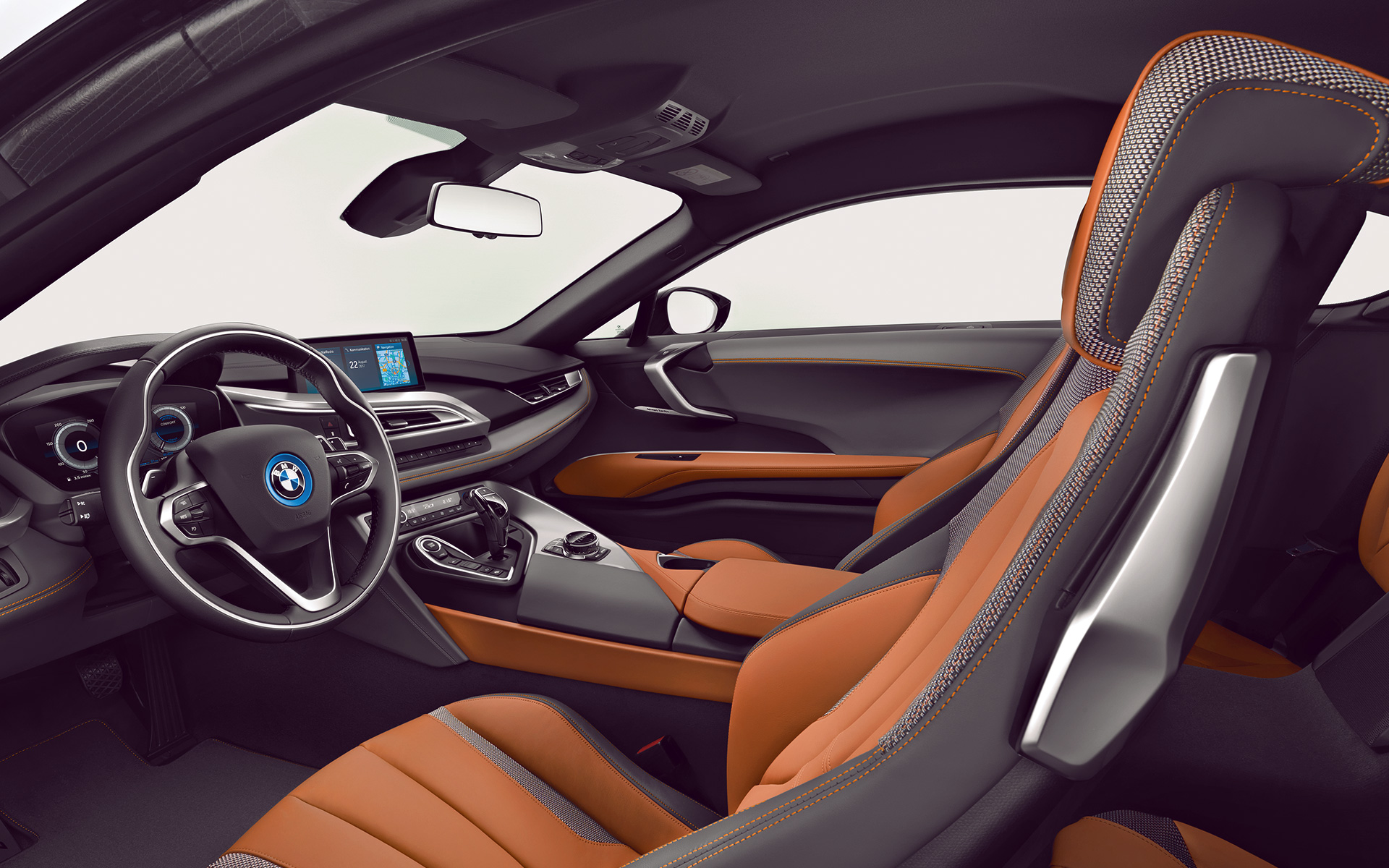 BMW i8 Coupé: detalle de asientos naranjas y transmisión automática BMW i8 Coupé: detalle de asientos naranjas y transmisión automática