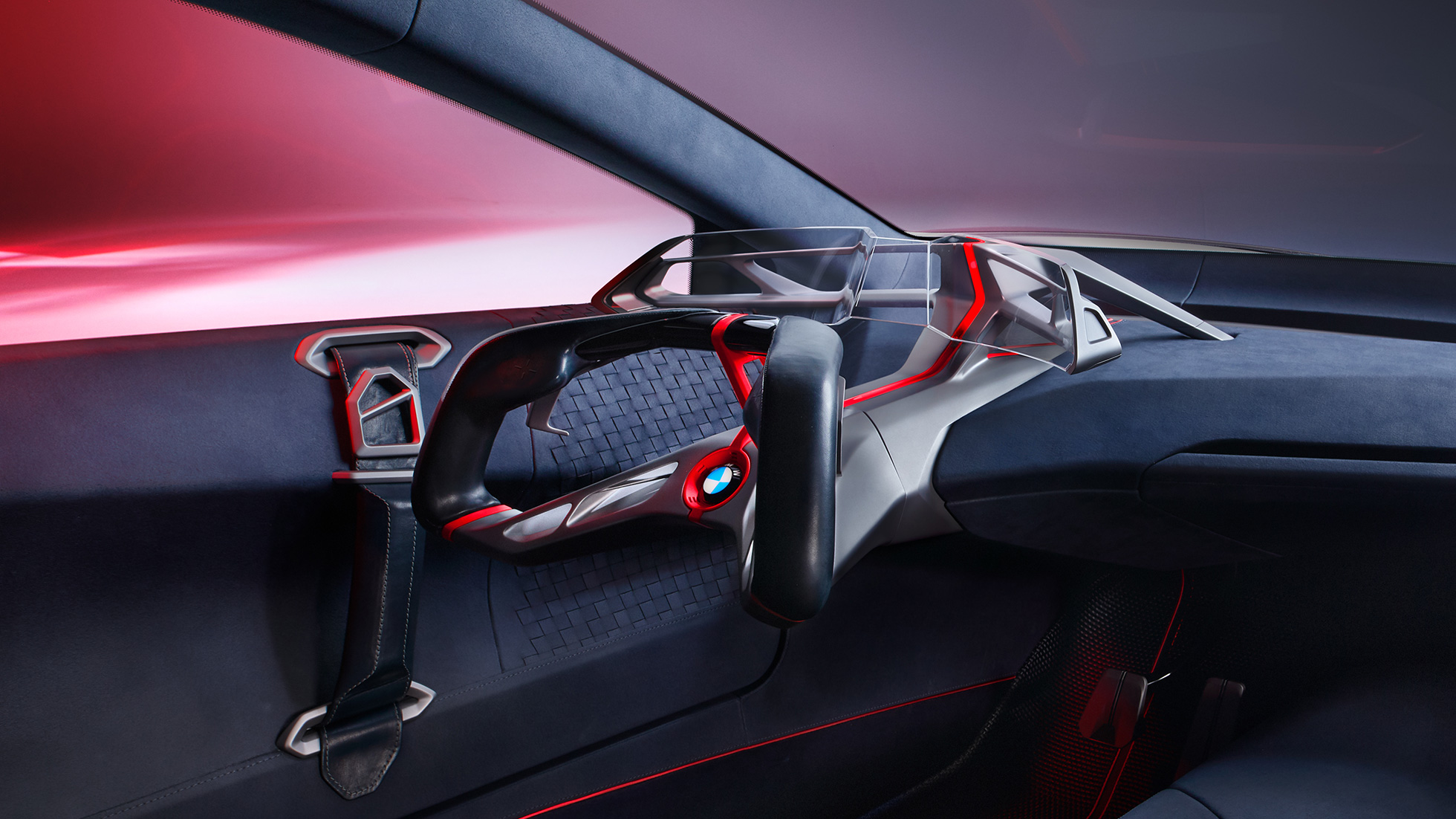BMW Vision M NEXT, Interior BMW Vision M NEXT, interior, cabina con volante, Boost Pod, pantalla de vidrio curvado, pantalla Head-Up AR completa
