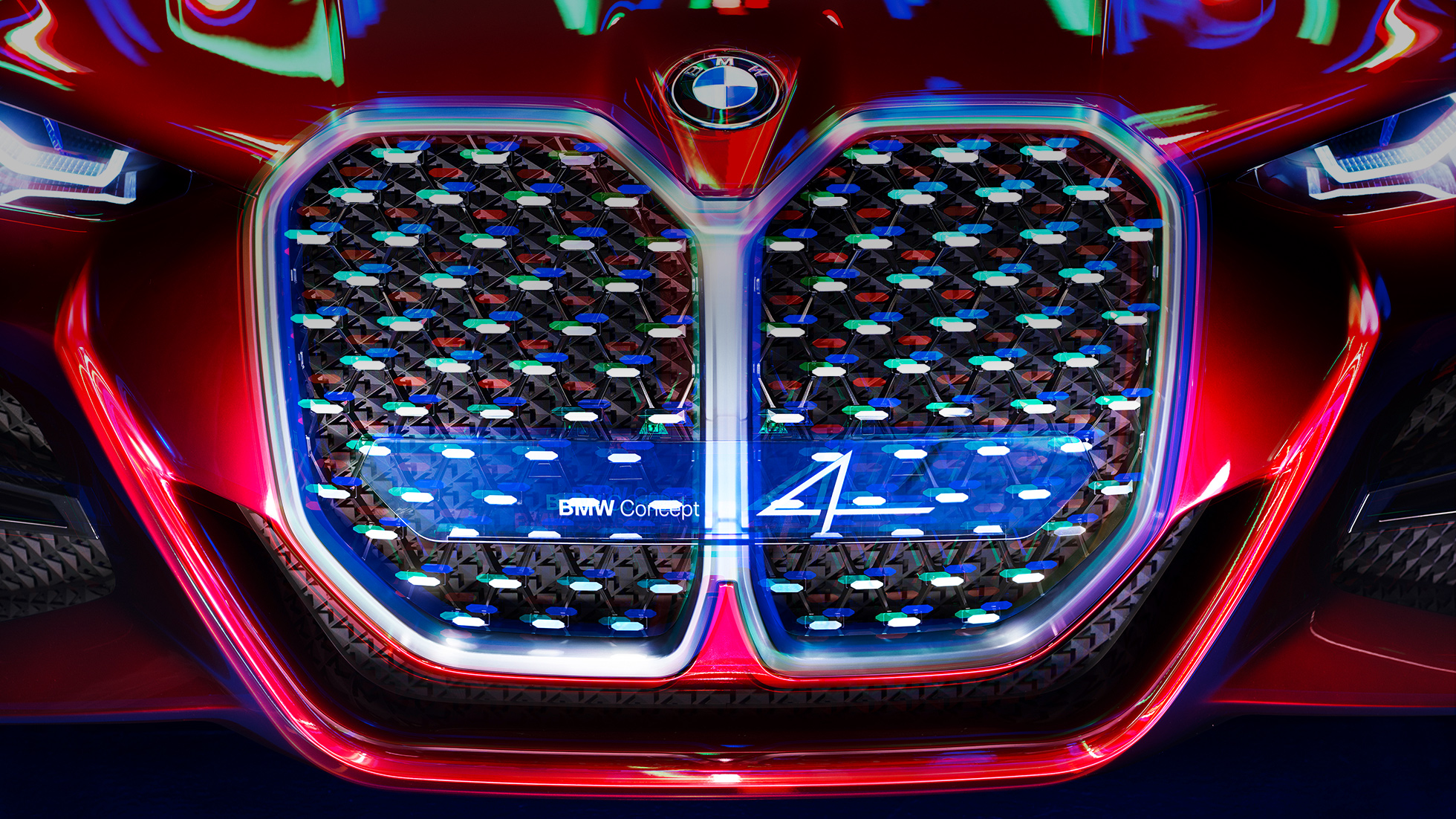 Parrilla vertical BMW en forma de riñón, BMW Concept 4 Parrilla vertical BMW en forma de riñón con elementos de cristal reflectivo, BMW Concept 4 con diseño exterior en color Forbidden Red