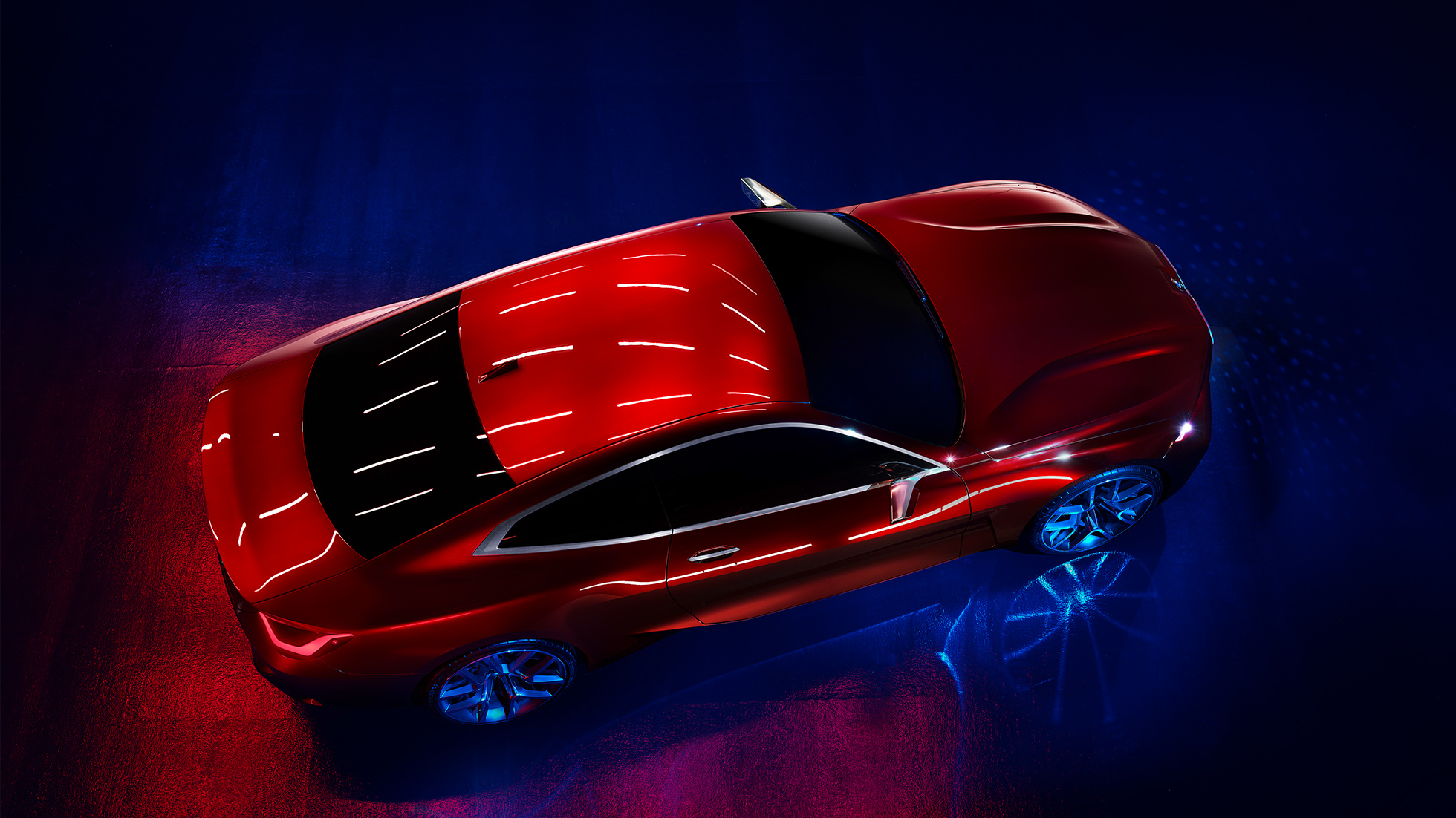 Color exterior Forbidden Red emocionante, BMW Concept 4 Color exterior Forbidden Red emocionante, vista aérea del diseño exterior del BMW Concept 4