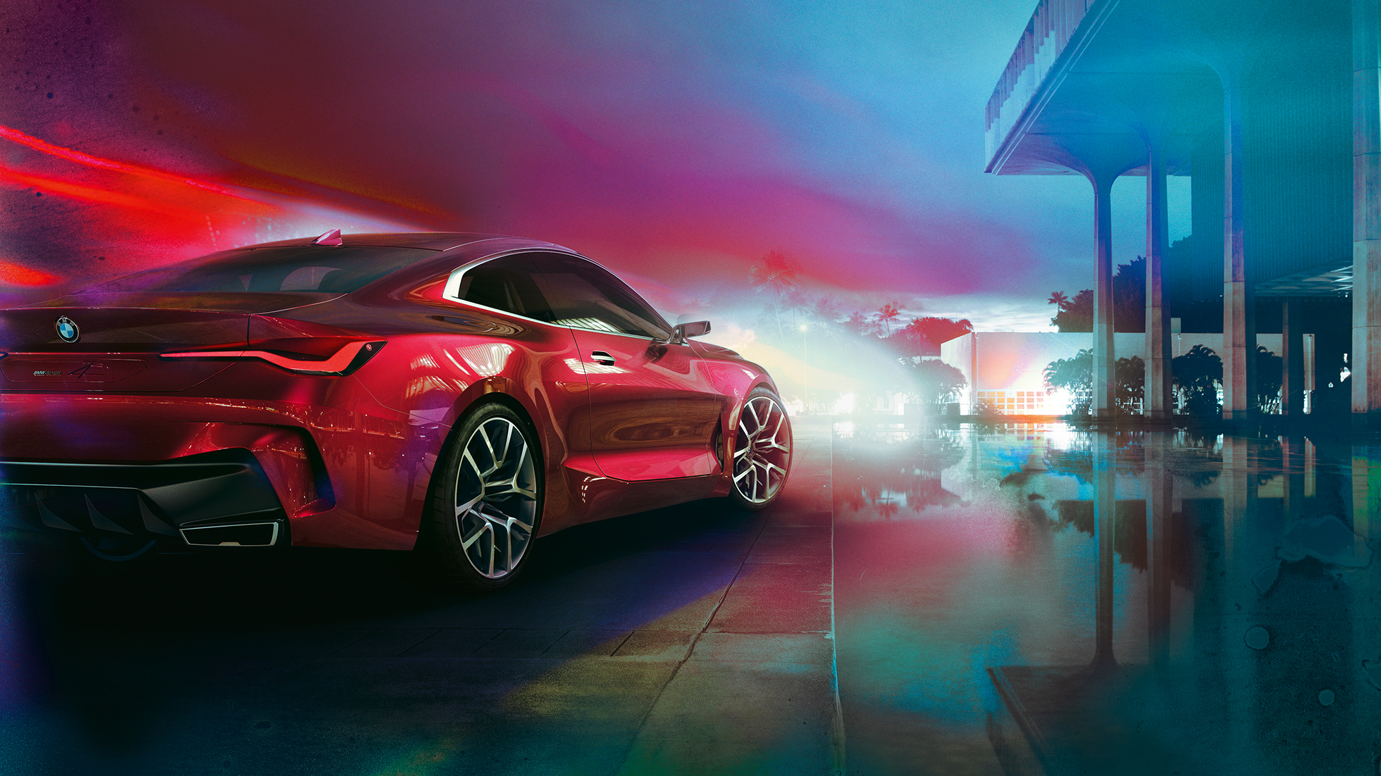 BMW Concept 4, vista trasera de tres cuartos Vista trasera de tres cuartos del diseño exterior BMW Concept 4 en color Forbidden Red
